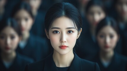 Fototapeta premium Asian woman focus stands apart from a crowd dressed identically