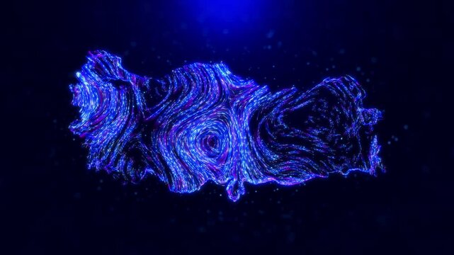 Abstract motion view Turkey map design, featuring glowing blue hairlines, dynamic flowing patterns, and scattered bokeh dot particles, creating a tech-inspired and modern digital aesthetic