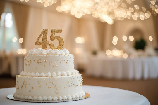 Elegant two-tier cake with gold accents for a 45th birthday