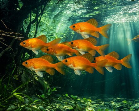 Vibrant Goldfish School Swimming in Lush Underwater Aquatic Garden, Tranquil Freshwater Scene for Aquatic Enthusiasts - Powered by Adobe