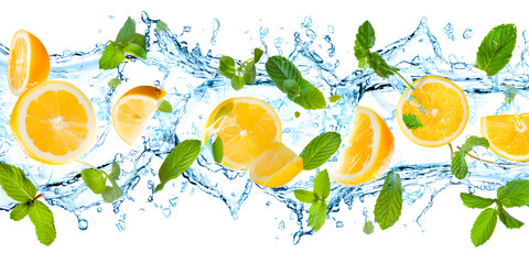 Close-ups of Mint, Green Leaf, Lemon, and Lime Slices Splashing and Dropping into Sparkling Water, Refreshing Citrus Burst on White Background Ads, Social Media, Packaging, Banners, Websites, Menus