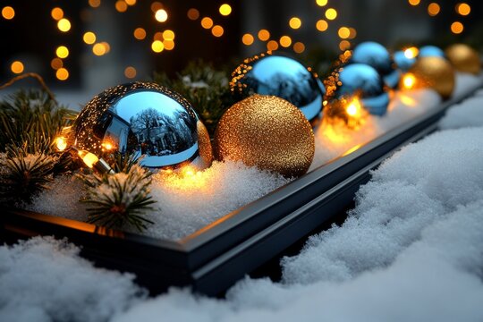 Snow flurries collecting on a windowsill with a warm light inside, capturing the cozy and inviting feel of winter indoors, symbolizing warmth and serenity