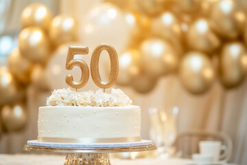 Elegant 50th birthday cake surrounded by golden balloons and decorations