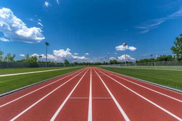 Vibrant Red Running Track under Clear Blue Sky - Symmetrical Perspective with Tranquil Ambiance for Sports and Fitness Ads