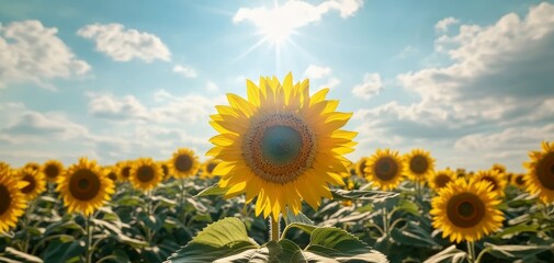 Fototapeta premium Vibrant Sunflower Close-Up Majestic Yellow Blossom in Lush Field, Radiating Warmth and Joy Summer Nature Concept