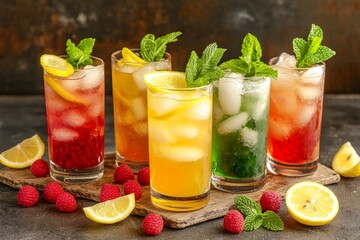 Fototapeta premium Vibrant Summer Drinks with Fresh Fruits on Wooden Board - Refreshing Colorful Iced Beverages for Festive Occasions