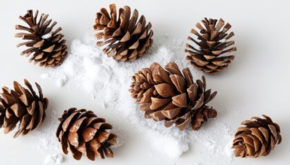 Pine cones with snow dusting on a white background, highlighting their natural textures and adding a rustic holiday touch.