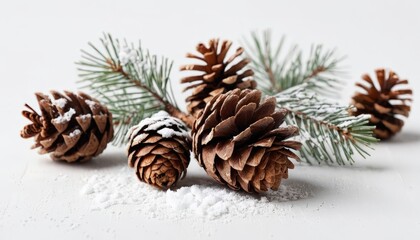 Fototapeta premium Natural pine cones lightly dusted with snow on a white background, adding a warm, rustic touch to the holiday theme.
