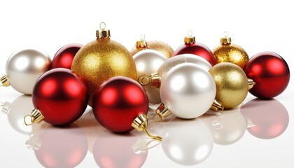 Fototapeta premium Classic red and gold Christmas baubles scattered on a white background, each ornament shining with reflective highlights, capturing a festive holiday glow.