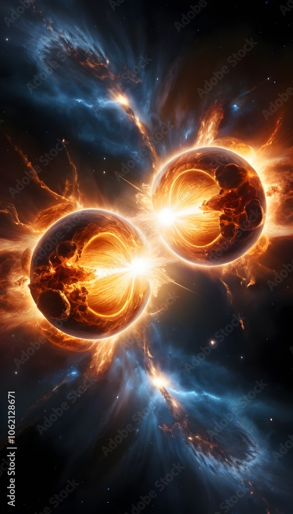 Poster Dramatic Collision of Two Large Glowing Objects Surrounded by Explosive Light Bursts for Sci-Fi and Fantasy Applications