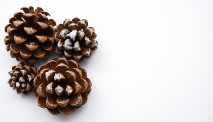 Pine cones with light snow dusting on a white background, adding natural textures and a warm, rustic holiday feel.