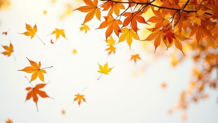 Fototapeta premium Gently falling autumn leaves in various shades of orange, yellow, and brown, set against a bokeh background, highlighting the serene beauty of fall.