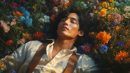 Elegant Asian man at peace amidst a bed of colorful wildflower