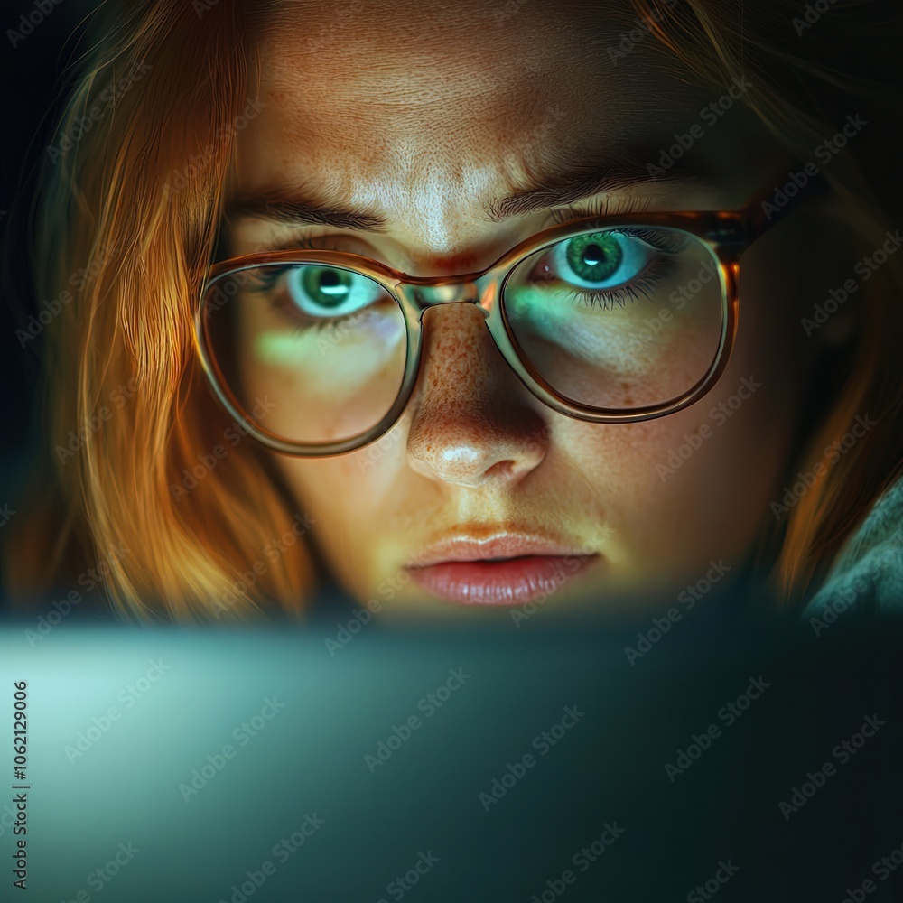 Poster focused individual engages with technology while exploring digital world and emotions through screen
