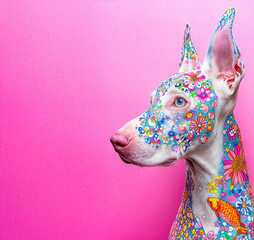 White doberman pinscher with colorful flower and fish painting posing on pink background