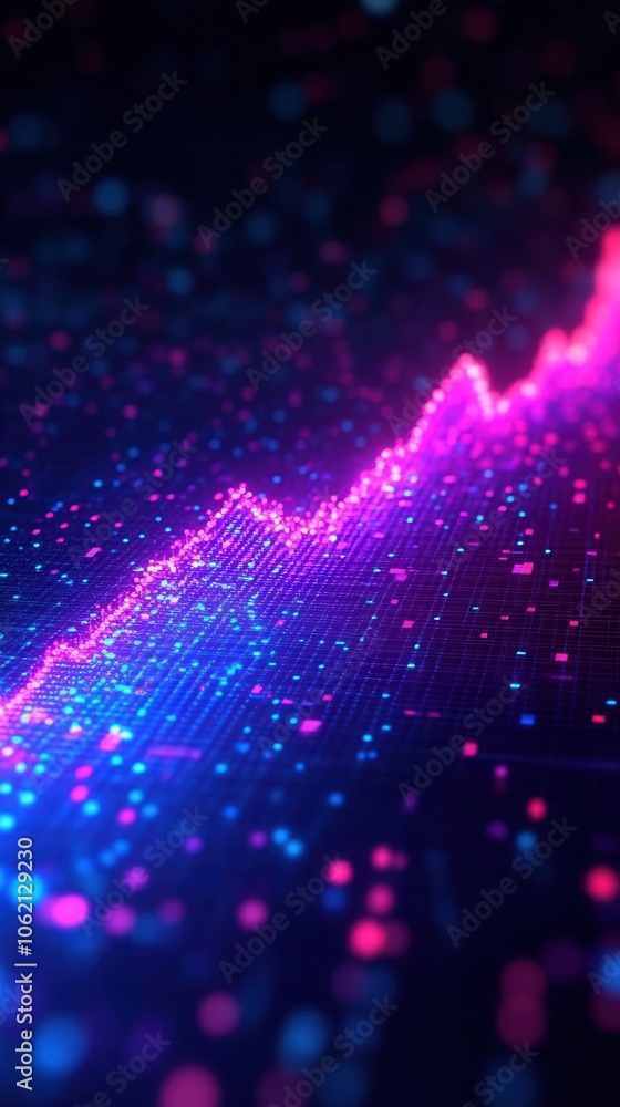 Poster vibrant digital graph showcasing an upward trend with colorful particles, perfect for tech and finan