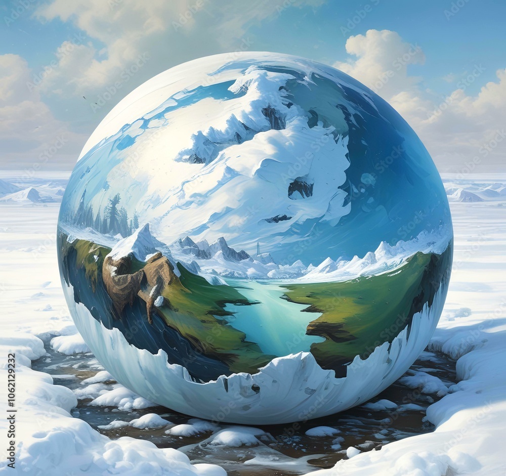 Wall mural illustration of earth planet globe frozen in ice and snow with winter landscape.