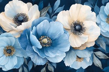 Elegant watercolor floral pattern with large pale blue and cream flowers on a navy background, perfect for wedding invitations, stationery, or home decor.