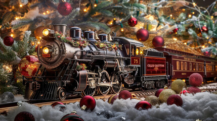 classic toy train decorated with Christmas ornaments, surrounded by festive lights and snowy backdrop, evokes warm holiday spirit