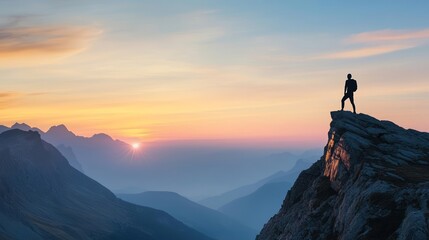A person silhouetted against a beautiful sunrise, standing on a steep mountain edge, representing life challenges conquered and future aspirations