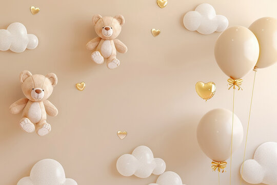 Two teddy bears floating with beige balloons and golden hearts on a beige background