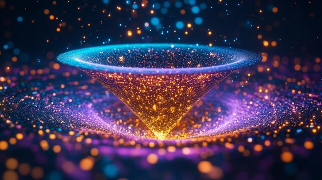 A glowing digital funnel processing vast streams of data, representing big data technology, data collection, and transformation into actionable insights