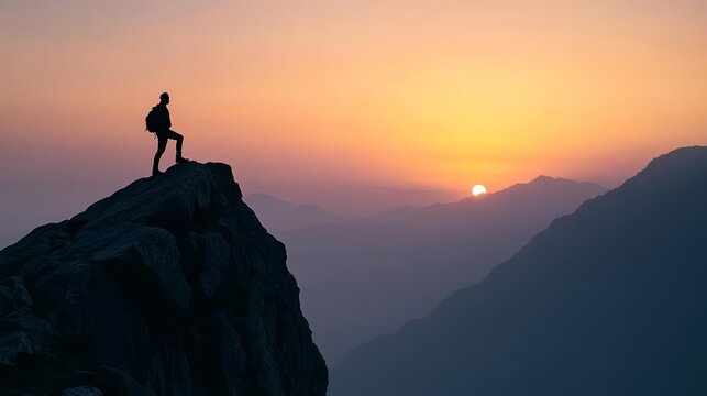 A person silhouetted against a beautiful sunrise, standing on a steep mountain edge, representing life challenges conquered and future aspirations