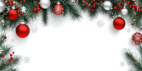 Minimalist christmas banner featuring festive pine branches adorned with red and silver ornaments and bright berries against a white background