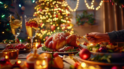 Fototapeta premium beautifully roasted turkey garnished with herbs is centerpiece of festive holiday table, surrounded by sparkling lights and delicious dishes, evoking warm and joyful atmosphere