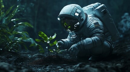 Astronaut planting a sapling on an alien planet.