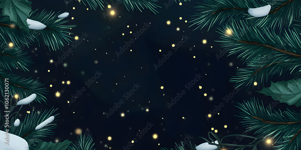 Poster snow-covered pine branches frame a dark background filled with twinkling fairy lights creating a mag