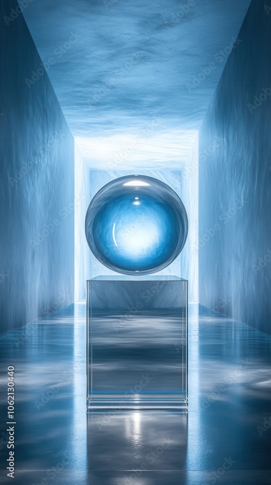 Poster a captivating blue sphere illuminated in a modern corridor, creating an ethereal and futuristic atmo