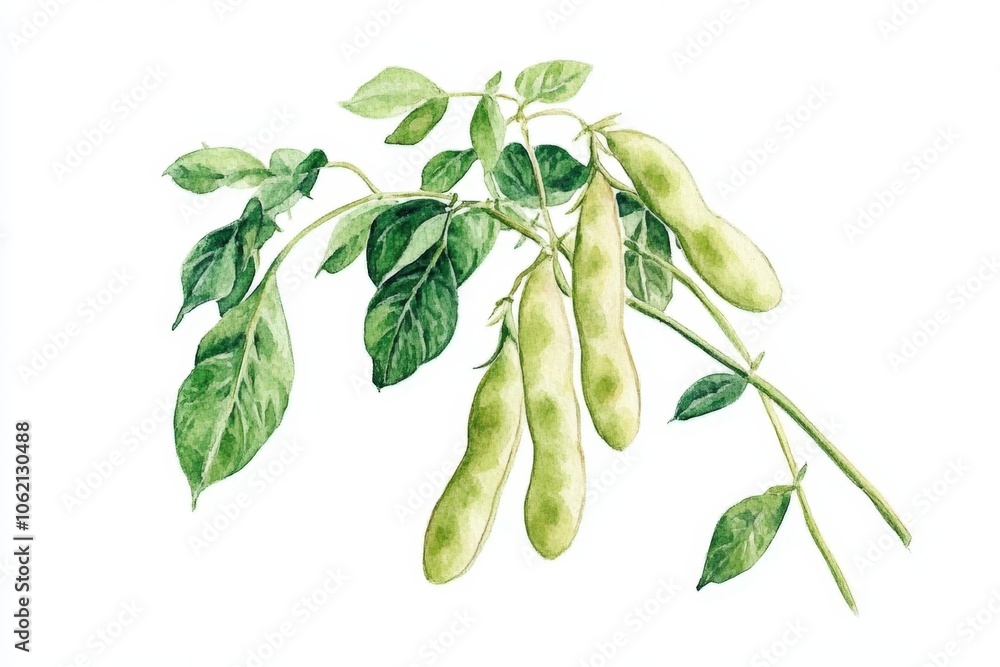 Wall mural Watercolor illustration of an edamame plant with pods and leaves, ideal for seed packaging or botanical designs