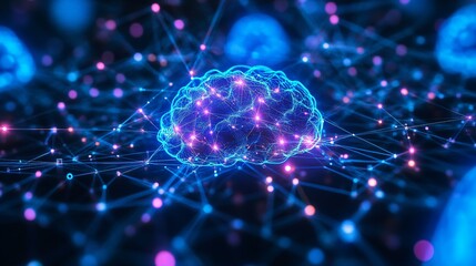 AI neural network with neon circuitry glowing in blue and purple tones, futuristic and tech-forward