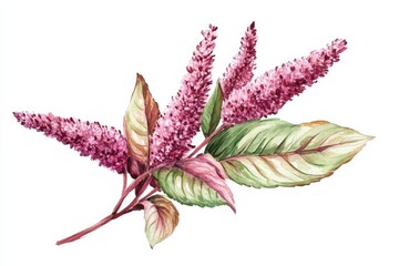 Obraz premium Watercolor illustration featuring an amaranth plant with pink flowers and green leaves, ideal for seed packaging or botanical designs