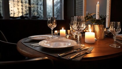 Elegant table setting with candles in restaurant. Selective focus. Romantic dinner setting
