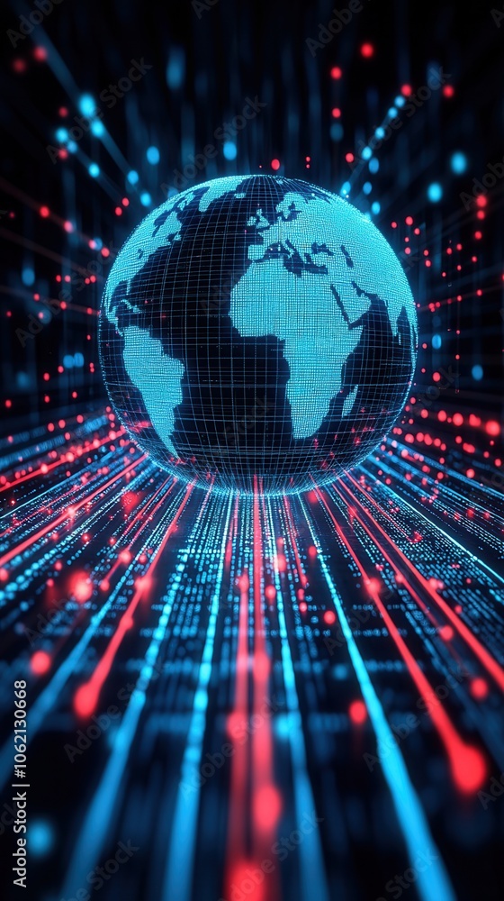 Poster a captivating digital representation of the earth surrounded by vibrant data streams, symbolizing gl