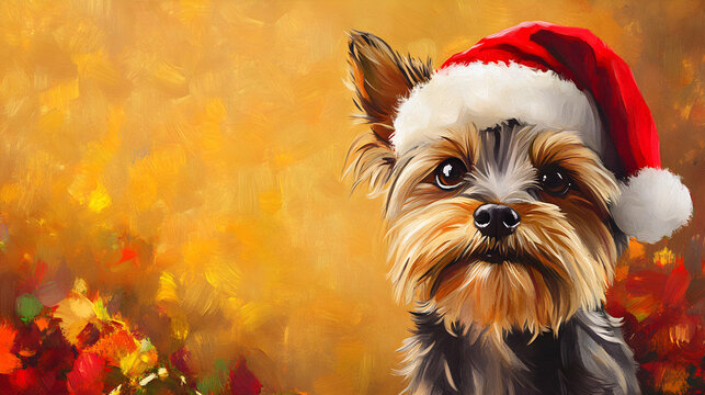 A cute yorkshire terrier wearing a santa hat gazes charmingly at the viewer against a warm, festive background of autumn leaves