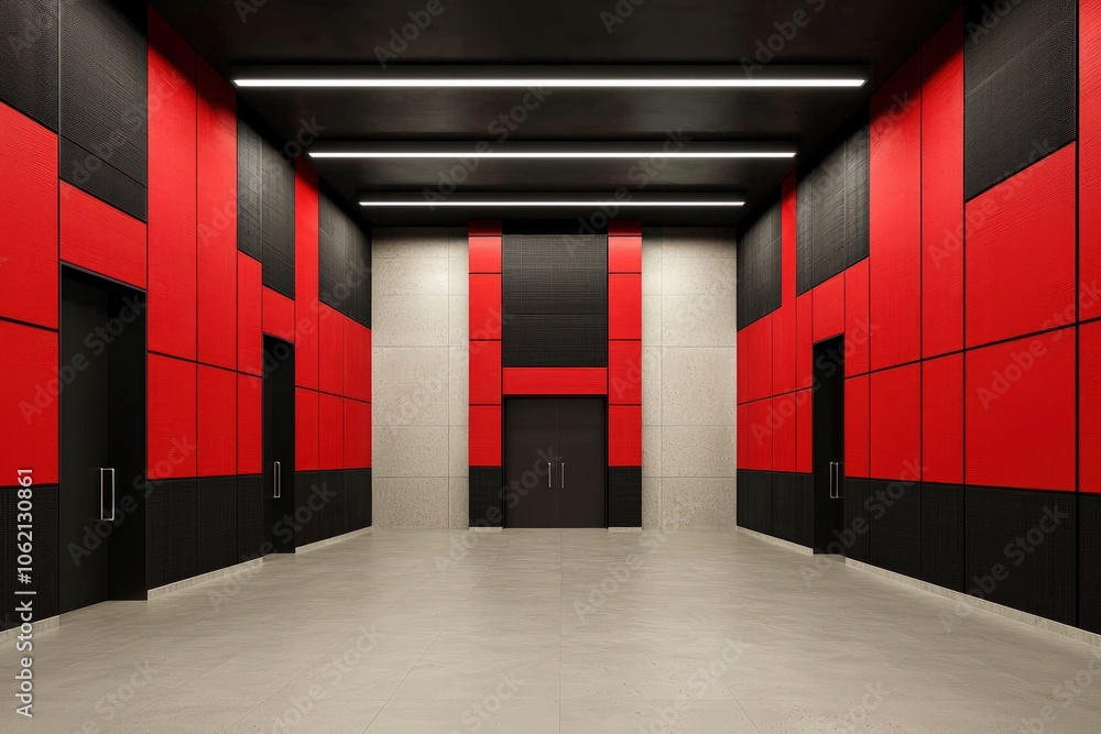 Poster exploring modern architectural design the impact of red and black color schemes in interior spaces