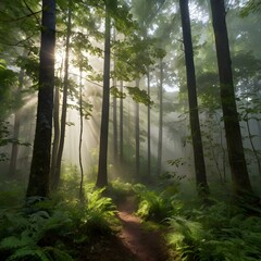Obraz premium Misty Morning in a Dense Forest with Sunlight Rays Generative AI&nbsp;