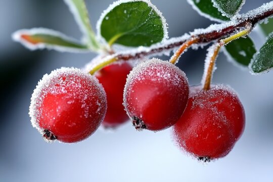 Winterberries with frost on the stems, highlighting the beauty and resilience of plants in cold weather, symbolizing endurance and vibrancy
