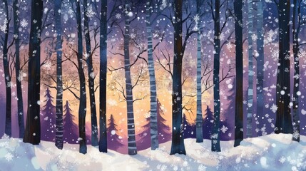 Enchanted winter forest at twilight, snowflakes glistening on tree branches, capturing the calm and beauty of the season.