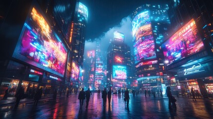 High-rise buildings with LED screens displaying the neon vibrant colors light waves in the night sky, people walking on the sidewalk below, modern architecture. cyberpunk art style. Cinematic.