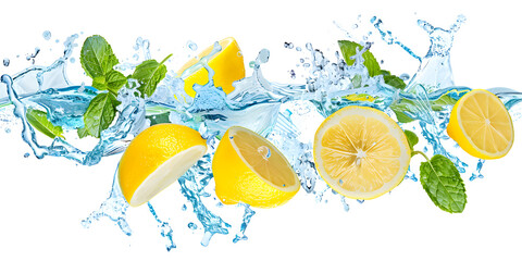 Close-ups of Mint, Green Leaf, Lemon, and Lime Slices Splashing and Dropping into Sparkling Water, Refreshing Citrus Burst on White Background Ads, Social Media, Packaging, Banners, Websites, Menus