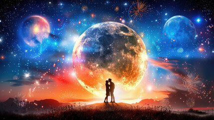 Obraz premium couple sharing romantic kiss under starry sky with large moon and colorful cosmic elements creates dreamy atmosphere. scene evokes feelings of love and wonder