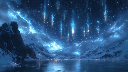 Obraz premium Night scene of meteors scattering across sky with their glowing tails reflecting off the icy terrain evoking the mysteries of possible extraterrestrial impacts in the Younger Dryas