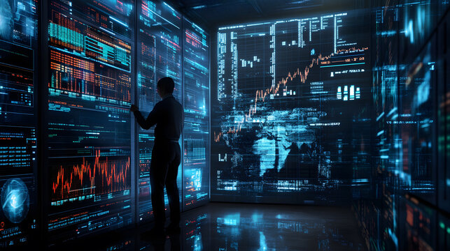 technician analyzing data on digital screens in server room, immersed in technology