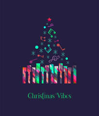 Christmas Vibes Holiday Music colorful vector icon. Winter Season Holidays Live Music event. Piano, x-mas tree cartoon illustration. Christmas Tunes, Festive Night celebration, performance background