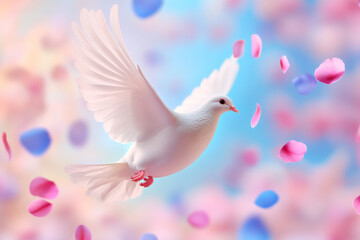 Fototapeta premium A white dove flying gracefully among colorful flower petals in springtime