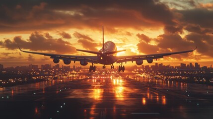 Realistic photo of an Airbus Plane taking off from the modern airport of the world in at sunset. warmth. cinematic. 3D render. highly detailed, high resolution for magazine.